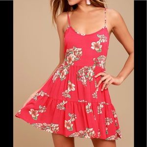 NWT Lulu’s Red Floral Print Lace-Up Dress